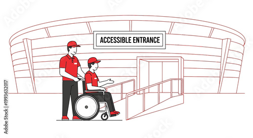 Accessible Entrance at Stadium: Staff Assists Wheelchair User Up Ramp