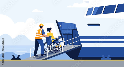 Accessible Ferry Boarding: Wheelchair User Assisted onto Ship by Crew Member