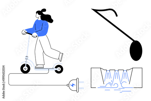 Urban transportation, green commuting, sustainability, renewable energy, eco-friendly living, water conservation. Woman on an electric scooter and charging icon, faucet and water-saving illustration