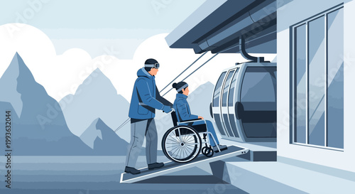 Accessible Gondola Lift for Wheelchair User in Snowy Mountains