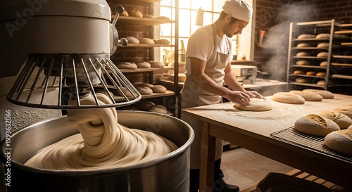 Baker at work kneading dough in a bakery, preparing bread.