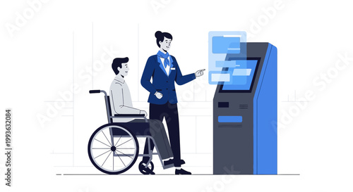 Accessible Technology: Person in Wheelchair Interacting with Digital Kiosk with Assistant