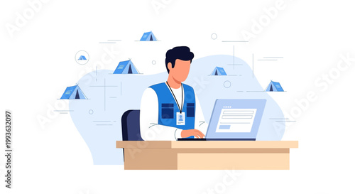 Aid worker at desk with laptop amidst tents, symbolizing disaster relief and humanitarian support.