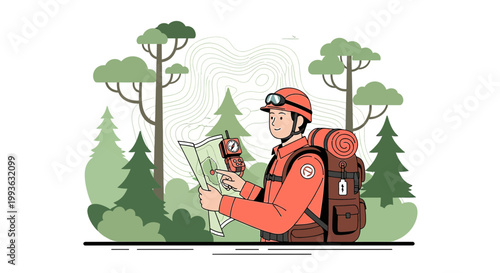 Adventurous Hiker with Backpack Navigating Forest Trail Using Map and Compass