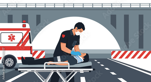 Paramedic provides first aid to accident victim on stretcher near ambulance under bridge