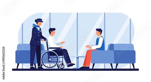 Airport Assistant Helps Man in Wheelchair, Passenger Waiting