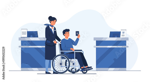 Airport Assistance: Wheelchair User and Flight Attendant at Check-in Counter