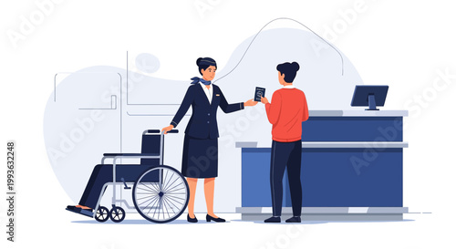 Airport Check-in: Flight Attendant Assists Passenger in Wheelchair with Passport