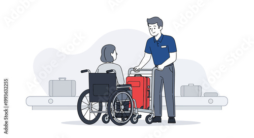 Airport Assistant Helps Woman in Wheelchair with Luggage