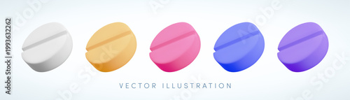 Vector cartoon 3d color round pill realistic icon set. Medicine, pharmacy and drugs sign. 3d render of white, red, yellow, purple, blue round tablet collection. Vitamins, antibiotic, painkiller sign