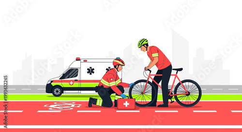 Paramedic provides first aid to injured cyclist on bike lane with ambulance