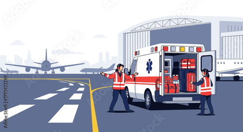 Airport Emergency Medical Service: Ambulance and Responders on Tarmac with Airplanes
