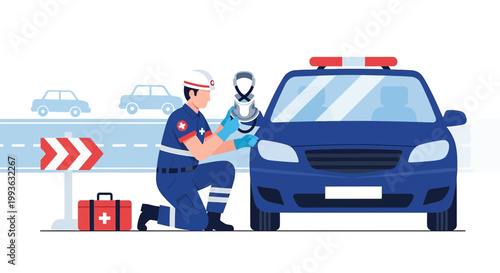 Paramedic Provides First Aid to Injured Driver After Car Accident on Roadside