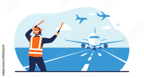 Airport Ground Crew Directing Airplane on Runway with Other Planes in Sky