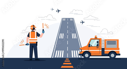 Airport ground crew directs aircraft with light wands near runway and service vehicle