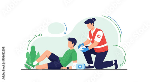 Paramedic Provides First Aid to Injured Man Lying on Ground, Outdoor Scene