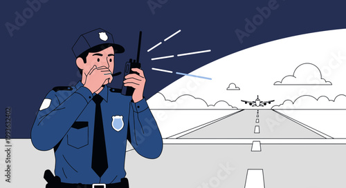 Airport security officer communicating on radio with airplane on runway