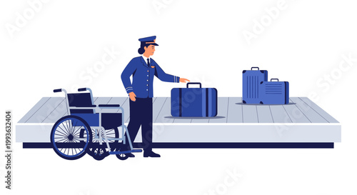 Airport Security Officer Assists Passenger with Wheelchair and Luggage