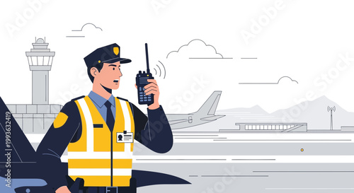 Airport Security Officer with Radio Communicating on Tarmac Near Airplane