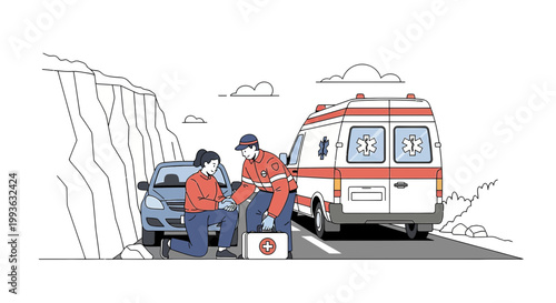 Paramedic Provides First Aid to Injured Woman After Car Accident on Roadside