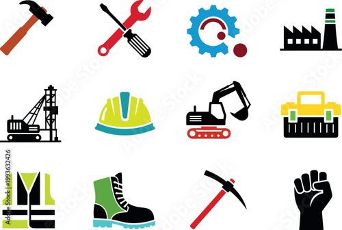 Industrial icons depicting construction manufacturing and worker safety elements