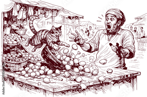 Stray Cat Chaos Shocks Vendor at Food Market