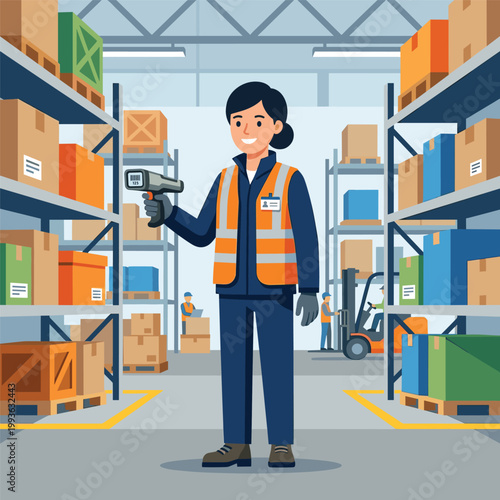Warehouse Worker With Barcode Scanner With Shelves