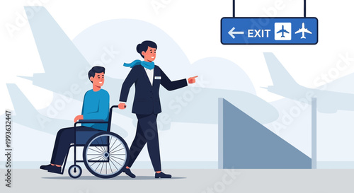 Airport staff assisting passenger in wheelchair towards exit with airplanes in background