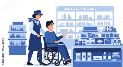 Airport staff assisting passenger in wheelchair at duty-free shop
