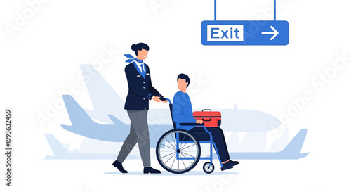 Airport staff assisting passenger in wheelchair with luggage, airplane and exit sign