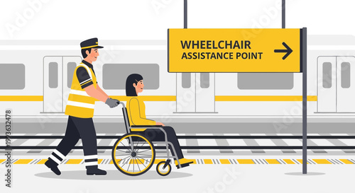 Airport Staff Assists Passenger in Wheelchair at Assistance Point