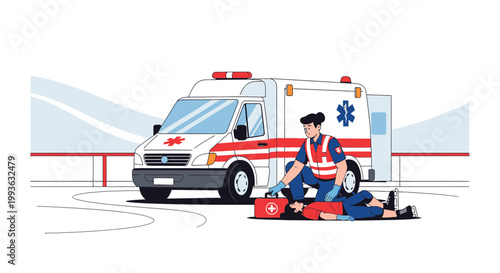 Paramedic Provides First Aid to Unconscious Patient Near Ambulance