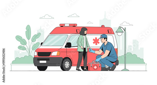 Paramedic provides first aid to woman near ambulance, emergency medical service concept