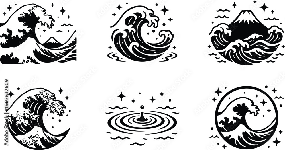 Obraz premium Black and white wave and splash circle vector art icons with mountain and stars