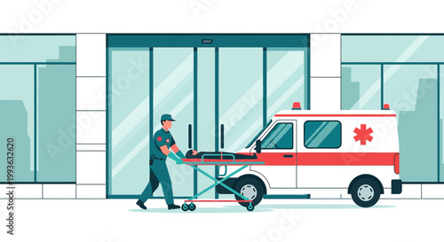 Paramedic pushing patient on stretcher from ambulance to hospital entrance