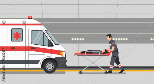 Paramedic pushing patient on stretcher towards ambulance, emergency medical service, healthcare concept