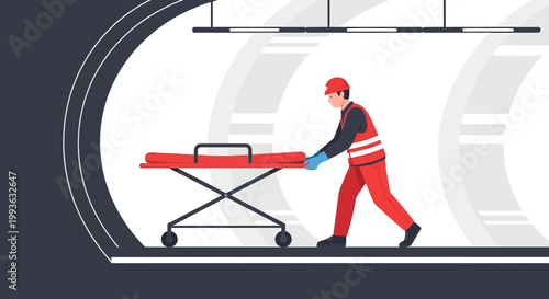 Paramedic pushing stretcher in tunnel, emergency medical services, patient transport, rescue