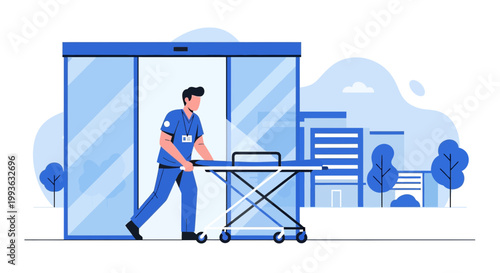 Paramedic pushing stretcher out of hospital entrance, medical emergency, patient transport