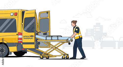 Paramedic Pushing Stretcher Out of Ambulance for Patient Transport in Urban Setting