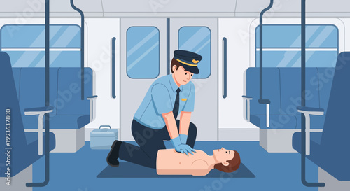 Paramedic performs CPR on mannequin inside train, emergency medical training