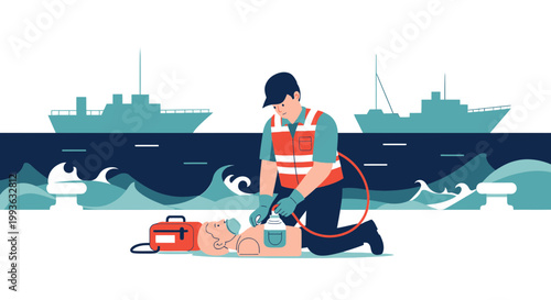 Paramedic Performs CPR on Mannequin Near Ships, Maritime Safety Training