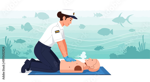 Paramedic Performs CPR on Mannequin Underwater with Fish in Background