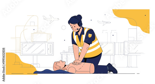 Paramedic Performs CPR on Mannequin, Emergency Medical Training Illustration