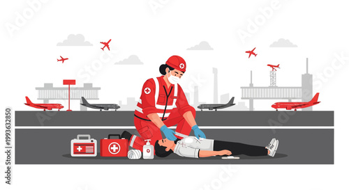 Paramedic Performs CPR on Patient at Airport with Airplanes and Terminal