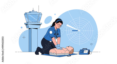 Paramedic performs CPR on patient at airport control tower with radar background