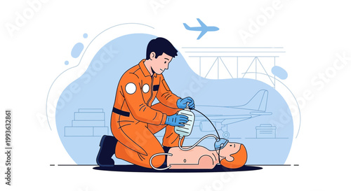 Paramedic Performs CPR on Patient at Airport with Airplane and Terminal Background