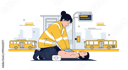 Paramedic performs CPR on patient at bus stop, emergency response, urban setting