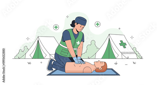 Paramedic performs CPR on patient in outdoor emergency camp setting with tents