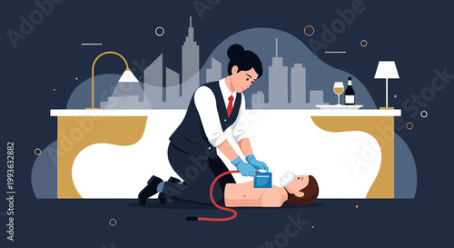Paramedic performs CPR on patient in office setting with city skyline background