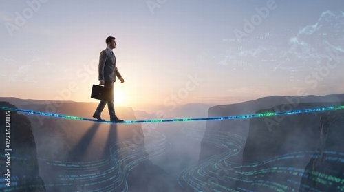 A businessman in a suit walking confidently on a tightrope made of glowing digital code over a bottomless canyon, surreal concept art.and Copy space layout